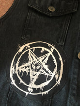 Load image into Gallery viewer, The Satanic Jacket: Hack Off Your Sleeves For Satan! Black Denim Cut-Off Battle Jacket