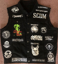 Load image into Gallery viewer, Distressed Punk Rock Slashed Shredded Battle Jacket Mega Patch Cut-Off Denim Vest + Studs & Spikes option