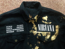 Load image into Gallery viewer, Nirvana Black 'n' Bleach Denim Patch Jacket Vestibule Circles Hell Fudge Packin' Crack Smokin'