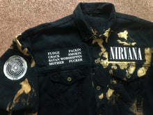 Load image into Gallery viewer, Nirvana Black 'n' Bleach Denim Patch Jacket Vestibule Circles Hell Fudge Packin' Crack Smokin'