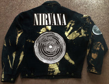 Load image into Gallery viewer, Nirvana Black 'n' Bleach Denim Patch Jacket Vestibule Circles Hell Fudge Packin' Crack Smokin'