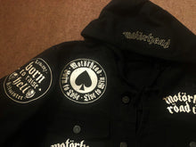 Load image into Gallery viewer, Motörhead Road Crew Distressed Slashed Hooded Denim Jacket Ace Of Spades