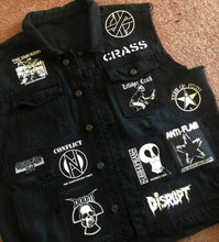 Load image into Gallery viewer, Distressed Punk Rock Slashed Shredded Battle Jacket Mega Patch Cut-Off Denim Vest + Studs & Spikes option