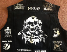 Load image into Gallery viewer, Distressed Punk Rock Slashed Shredded Battle Jacket Mega Patch Cut-Off Denim Vest + Studs & Spikes option