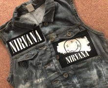 Load image into Gallery viewer, Nirvana Girls' Nevermind Blue 'n' Tie-Bleach Denim Cut-Off Smiley Patch Jacket