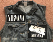 Load image into Gallery viewer, Nirvana Girls' Nevermind Blue 'n' Tie-Bleach Denim Cut-Off Smiley Patch Jacket