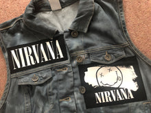 Load image into Gallery viewer, Nirvana Girls' Nevermind Blue 'n' Tie-Bleach Denim Cut-Off Smiley Patch Jacket