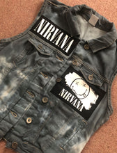 Load image into Gallery viewer, Nirvana Girls' Nevermind Blue 'n' Tie-Bleach Denim Cut-Off Smiley Patch Jacket
