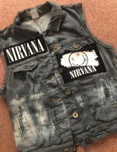Load image into Gallery viewer, Nirvana Girls' Nevermind Blue 'n' Tie-Bleach Denim Cut-Off Smiley Patch Jacket