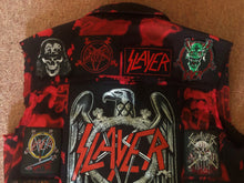 Load image into Gallery viewer, Slayer Reign In Blood Red Tie-Bleach Patch Battle Jacket Cut-Off Denim
