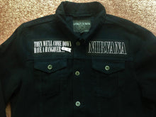 Load image into Gallery viewer, Nirvana In Utero Black Denim Battle Jacket Dumb Smiley Hangover