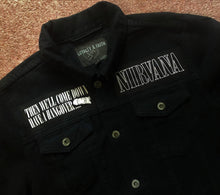 Load image into Gallery viewer, Nirvana In Utero Black Denim Battle Jacket Dumb Smiley Hangover