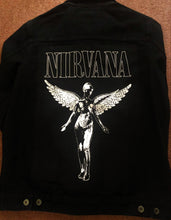 Load image into Gallery viewer, Nirvana In Utero Black Denim Battle Jacket Dumb Smiley Hangover