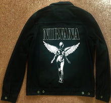 Load image into Gallery viewer, Nirvana In Utero Black Denim Battle Jacket Dumb Smiley Hangover