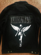 Load image into Gallery viewer, Nirvana In Utero Black Denim Battle Jacket Dumb Smiley Hangover