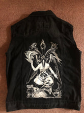 Load image into Gallery viewer, The Satanic Jacket: Hack Off Your Sleeves For Satan! Black Denim Cut-Off Battle Jacket