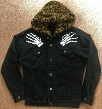 Load image into Gallery viewer, Misfits Leopardskin Fur Hooded Black Denim Jacket Crossed Arms Skeletal Hands Crimson Ghost