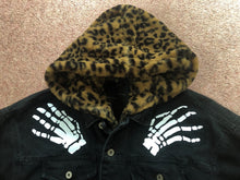 Load image into Gallery viewer, Misfits Leopardskin Fur Hooded Black Denim Jacket Crossed Arms Skeletal Hands Crimson Ghost