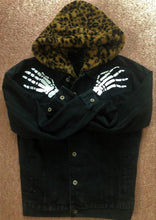 Load image into Gallery viewer, Misfits Leopardskin Fur Hooded Black Denim Jacket Crossed Arms Skeletal Hands Crimson Ghost