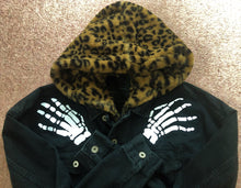 Load image into Gallery viewer, Misfits Leopardskin Fur Hooded Black Denim Jacket Crossed Arms Skeletal Hands Crimson Ghost