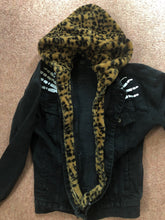 Load image into Gallery viewer, Misfits Leopardskin Fur Hooded Black Denim Jacket Crossed Arms Skeletal Hands Crimson Ghost