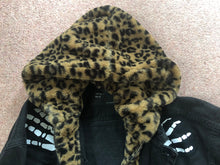 Load image into Gallery viewer, Misfits Leopardskin Fur Hooded Black Denim Jacket Crossed Arms Skeletal Hands Crimson Ghost