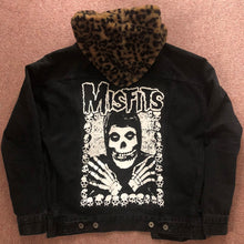 Load image into Gallery viewer, Misfits Leopardskin Fur Hooded Black Denim Jacket Crossed Arms Skeletal Hands Crimson Ghost
