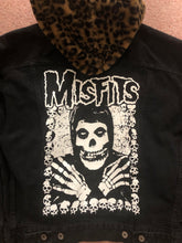 Load image into Gallery viewer, Misfits Leopardskin Fur Hooded Black Denim Jacket Crossed Arms Skeletal Hands Crimson Ghost