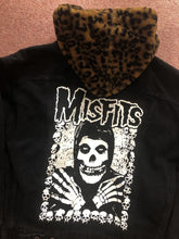Load image into Gallery viewer, Misfits Leopardskin Fur Hooded Black Denim Jacket Crossed Arms Skeletal Hands Crimson Ghost