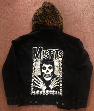 Load image into Gallery viewer, Misfits Leopardskin Fur Hooded Black Denim Jacket Crossed Arms Skeletal Hands Crimson Ghost