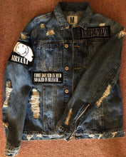 Load image into Gallery viewer, Nirvana Distressed Blue Denim Patch Jacket Come As You Are Smiley Angel