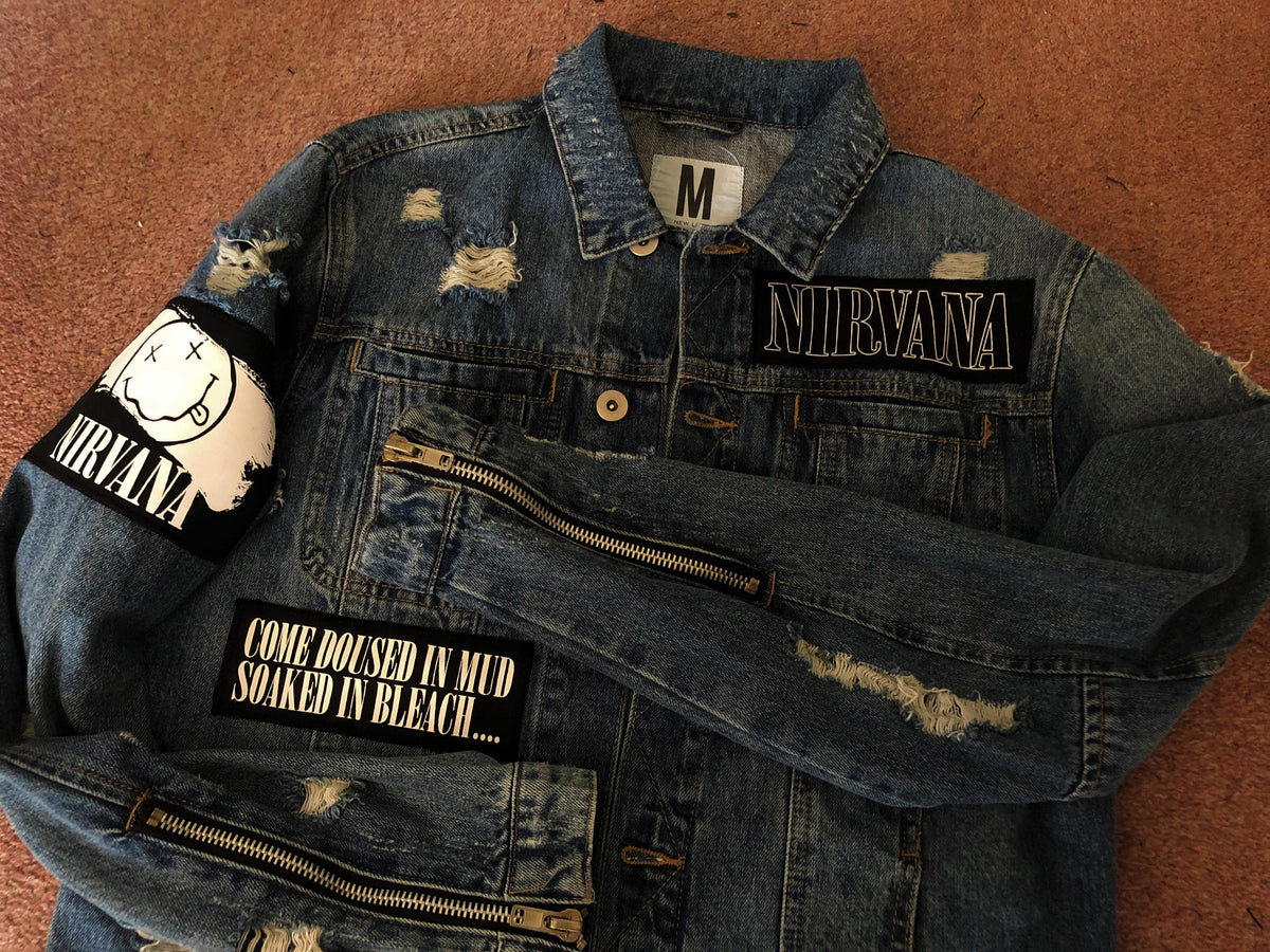 Nirvana Distressed Blue Denim Patch Jacket Come As You Are Smiley Ange