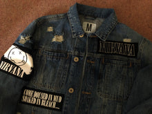 Load image into Gallery viewer, Nirvana Distressed Blue Denim Patch Jacket Come As You Are Smiley Angel