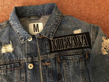 Load image into Gallery viewer, Nirvana Distressed Blue Denim Patch Jacket Come As You Are Smiley Angel