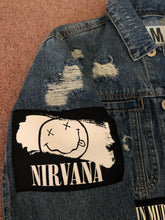 Load image into Gallery viewer, Nirvana Distressed Blue Denim Patch Jacket Come As You Are Smiley Angel
