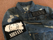 Load image into Gallery viewer, Nirvana Distressed Blue Denim Patch Jacket Come As You Are Smiley Angel