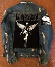 Load image into Gallery viewer, Nirvana Distressed Blue Denim Patch Jacket Come As You Are Smiley Angel