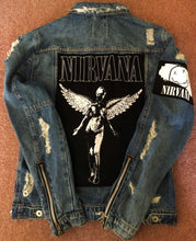 Load image into Gallery viewer, Nirvana Distressed Blue Denim Patch Jacket Come As You Are Smiley Angel