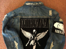 Load image into Gallery viewer, Nirvana Distressed Blue Denim Patch Jacket Come As You Are Smiley Angel