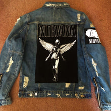 Load image into Gallery viewer, Nirvana Distressed Blue Denim Patch Jacket Come As You Are Smiley Angel