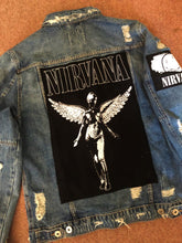 Load image into Gallery viewer, Nirvana Distressed Blue Denim Patch Jacket Come As You Are Smiley Angel