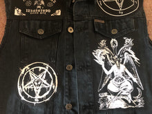 Load image into Gallery viewer, The Satanic Jacket: Hack Off Your Sleeves For Satan! Black Denim Cut-Off Battle Jacket