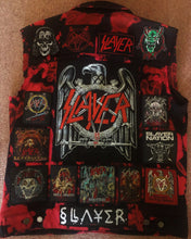 Load image into Gallery viewer, Blood Red Tie-Bleach Patch Battle Jacket Cut-Off Denim
