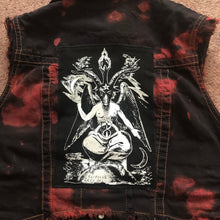 Load image into Gallery viewer, Satanic Jacket: Womens&#39; Black &#39;n&#39; Red Tie-Bleach Denim Cut-Off Pentagram Baphomet
