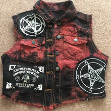 Load image into Gallery viewer, Satanic Jacket: Womens&#39; Black &#39;n&#39; Red Tie-Bleach Denim Cut-Off Pentagram Baphomet
