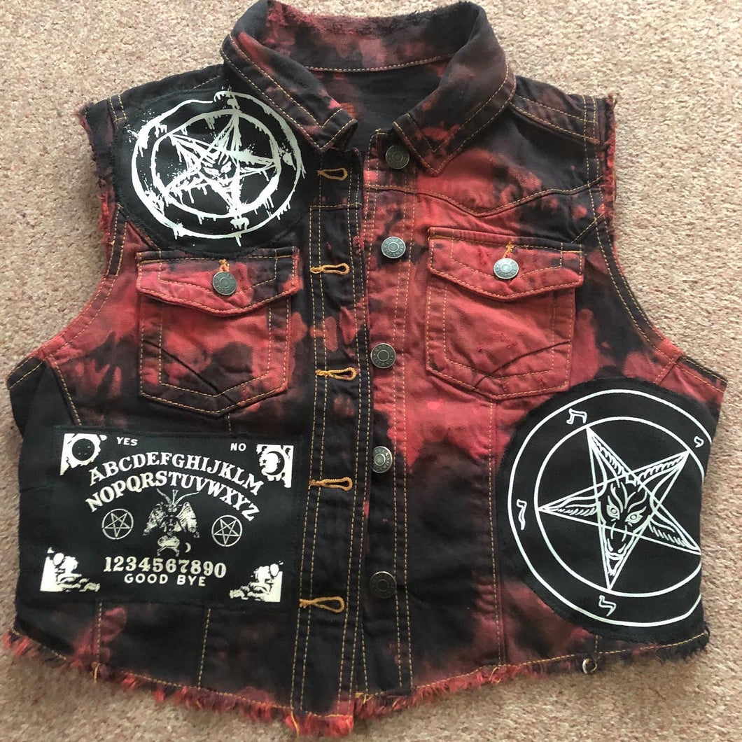 Satanic Jacket: Womens' Black 'n' Red Tie-Bleach Denim Cut-Off Pentagram Baphomet