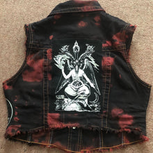 Load image into Gallery viewer, Satanic Jacket: Womens&#39; Black &#39;n&#39; Red Tie-Bleach Denim Cut-Off Pentagram Baphomet
