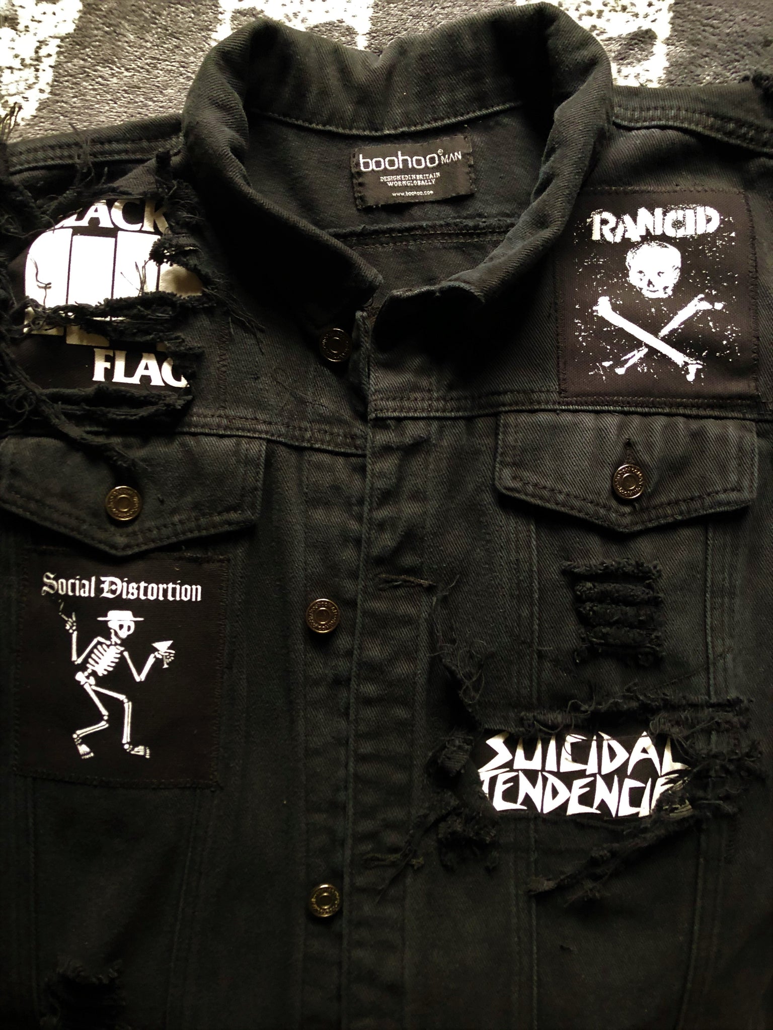 Distressed Punk Rock Black Denim Vest Cut-Off Battle Jacket