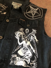 Load image into Gallery viewer, The Satanic Jacket: Hack Off Your Sleeves For Satan! Black Denim Cut-Off Battle Jacket
