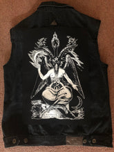 Load image into Gallery viewer, The Satanic Jacket: Hack Off Your Sleeves For Satan! Black Denim Cut-Off Battle Jacket
